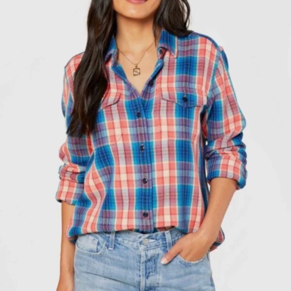 Outerknown Blanket Shirt XS Pink Plaid Shacket Organic Cotton Twill Button Down